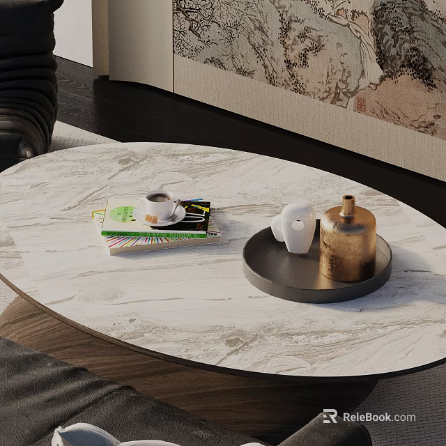 Modern Sofa Coffee Table Set With Circular Marble Top And Decorative Items 3d model