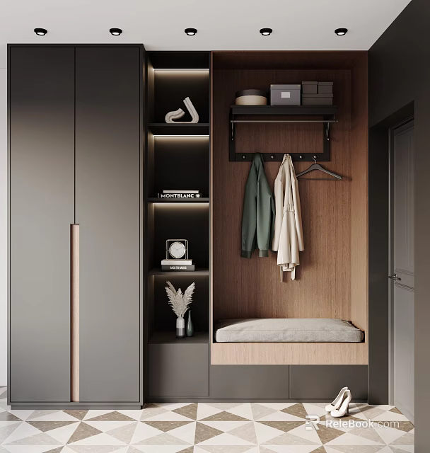 Modern Wooden Shoe Cabinet Design With Coat Rack Bench And Decorative Lighting 3d model 