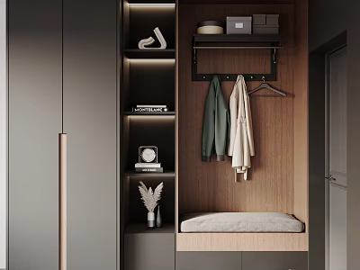 Modern Wooden Shoe Cabinet Design With Coat Rack Bench And Decorative Lighting 3d model