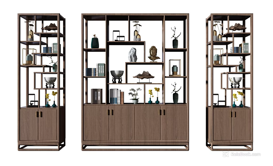 Modern Etagere with Wooden Cabinet Multiple Shelves and Decorative Items for Home Decor 3d model 