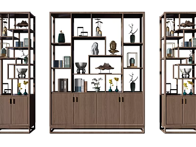 Modern Etagere with Wooden Cabinet Multiple Shelves and Decorative Items for Home Decor 3d model