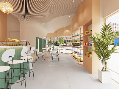 Modern Luxurious Bubble Tea Shop Interior Design With Bar Seating Green Plants And Display Shelves 3d model