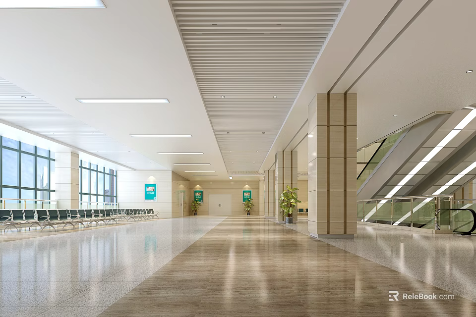 Spacious Bright Front Desk Reception Lobby with Benches Escalator Green Plants and Large Windows 3d model 