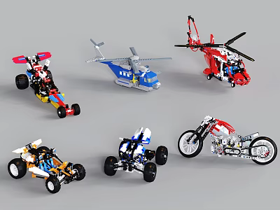 Colorful Building Block Toy Collection With Cars Helicopters Motorcycles For Kids Play 3d model