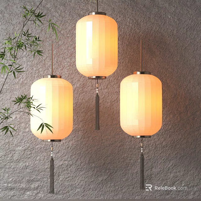 Three Modern Lit Lanterns With Tassels Near Bamboo On Gray Wall 3d model