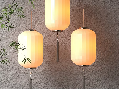 Three Modern Lit Lanterns With Tassels Near Bamboo On Gray Wall 3d model