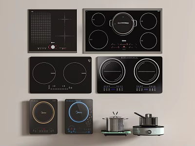 Various Modern Kitchen Induction Cooktops With Different Designs And Cooking Pots 3d model