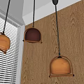 Modern Dome Shaped Pendant Lights Orange And Brown Hanging Over Wooden Wall With Window Blinds