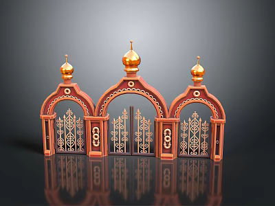 Ornate Traditional Architectural Entrance With Golden Domes Arched Doorways And Intricate Metal Gates 3d model