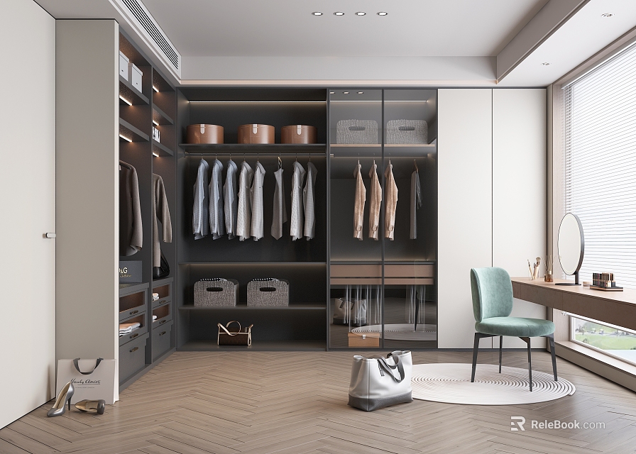 Modern Walk in Closet Interior Design With Hanging Clothes Storage Boxes And Mirror 3d model 