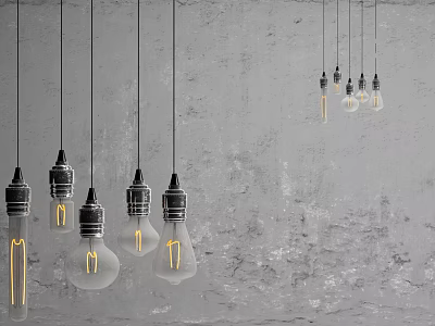 Vintage Style Bulb Pendant Lights Hanging Over Rough Gray Concrete Wall 3d model