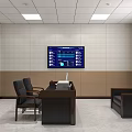 Monitoring Room Interior With Large Screen Data Charts Computer Desk Chairs And Window Blinds