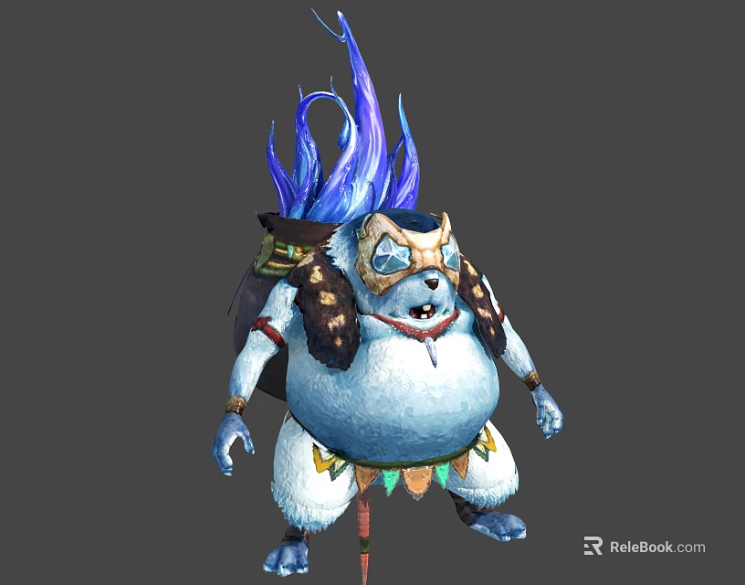Fantasy Character Creature With Blue Purple Hair Masked Plump Body Holding Stick Backpack 3d model 