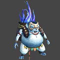 Fantasy Character Creature With Blue Purple Hair Masked Plump Body Holding Stick Backpack