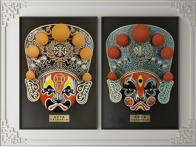 Traditional Peking Opera Masks Framed Wall Art With Red Orange Elements And Fu Character 3d model
