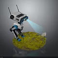 Solar Powered Robot Projecting Blue Light On White Daisy Over Green Grass