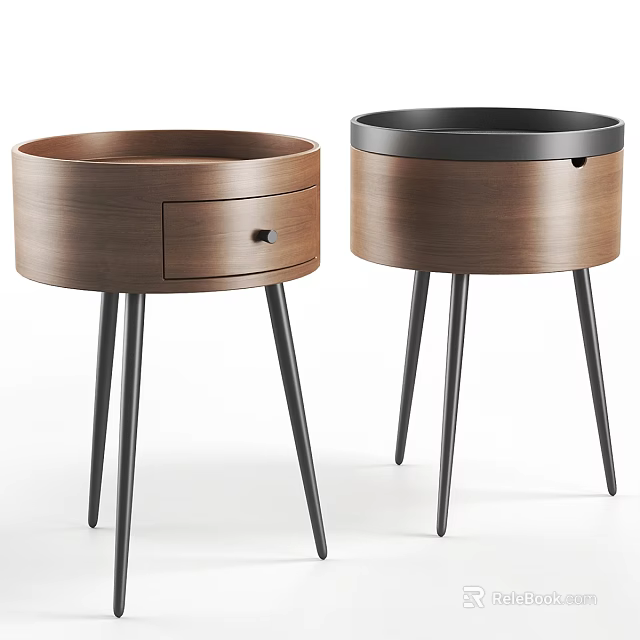 Modern Style Wooden Bedside Tables With Black Metal Legs And Drawer Design 3d model 