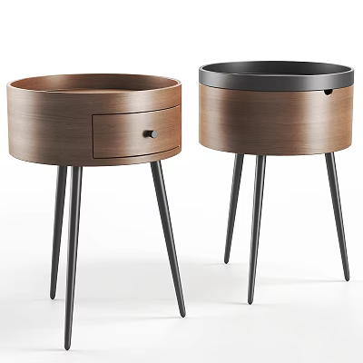 Modern Style Wooden Bedside Tables With Black Metal Legs And Drawer Design 3d model
