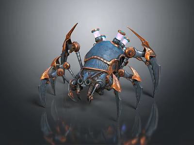 Steampunk Mechanical Spider Creature With Blue Body Copper Accents And Metallic Legs 3d model