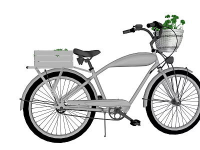 Vintage Leisure Bicycle With Front Basket Green Plants And Rear Wooden Crate 3d model