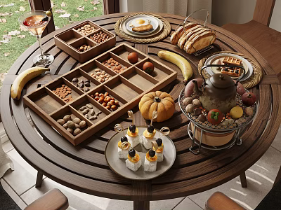 Assorted Foods Setup With Nuts Banana Pumpkin Teapot Pastries And Bread On Wooden Table 3d model