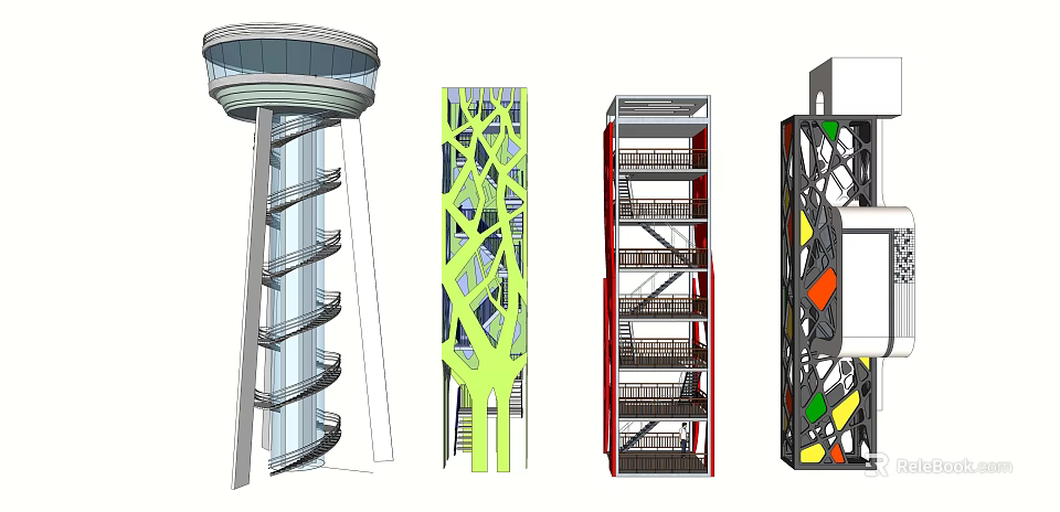 Various Modern Tower Designs Featuring Spiral Structures Geometric Patterns And Colorful Elements 3d model