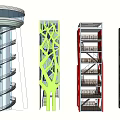 Various Modern Tower Designs Featuring Spiral Structures Geometric Patterns And Colorful Elements 3d model