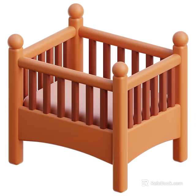 Orange Wooden Storage Shelf with Railing Design and Ball Shaped Decorations 3d model 