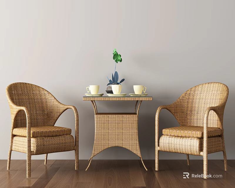 Rattan Table And Chairs Set With White Cups Green Plant On Wooden Floor Gray Wall 3d model 
