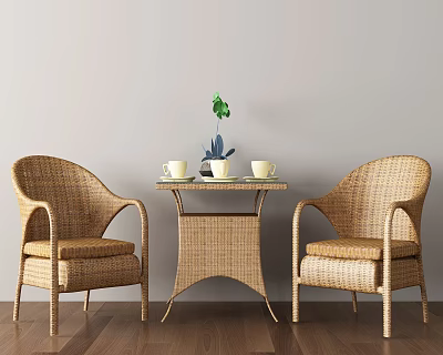 Rattan Table And Chairs Set With White Cups Green Plant On Wooden Floor Gray Wall 3d model