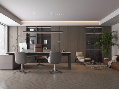 Style Manager's Office Chairman's Office Desk and Chair Back Cabinet Sofa Combination Green Planting 3d model