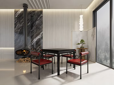 Modern Hotel Mahjong Room With Black Table Red Chairs Marble Accent Wall And Large Windows 3d model