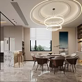 Elegant Modern Restaurant Interior With Round Pendant Lights And Marble Dining Table 3d model