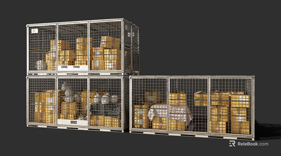Metal Storage Cages Filled With Yellow Cargo Boxes And White Packages 3d model 