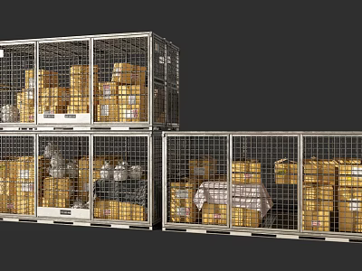 Metal Storage Cages Filled With Yellow Cargo Boxes And White Packages 3d model