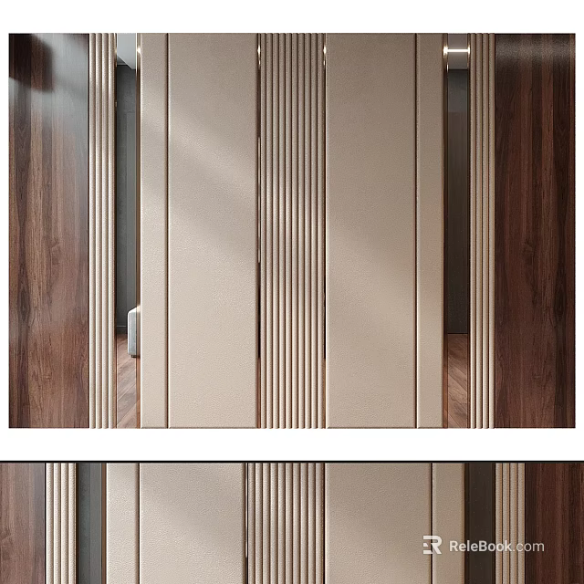 Contemporary Background Wall With Beige Panels And Wooden Vertical Lines Design 3d model 