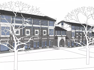 Modern Multi Storey Commercial Complex with Glass Windows and Arched Entrance Surrounded by Trees 3d model
