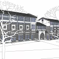 Modern Multi Storey Commercial Complex with Glass Windows and Arched Entrance Surrounded by Trees