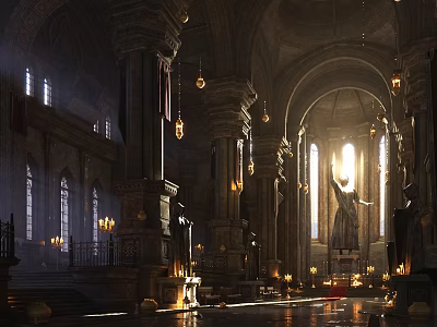 Grand Church Interior With Arched Architecture Tall Columns Hanging Lanterns Sunlit Statue And Religious Faith 3d model
