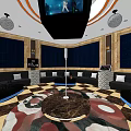 KTV Room Interior With Comfortable Sofa TV Coffee Table Fruit And Wine Bottles