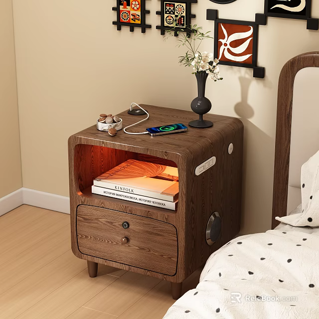 Modern Wooden Bedside Table with Drawer Books Vase Mobile Phone Headphones and Small Items 3d model 