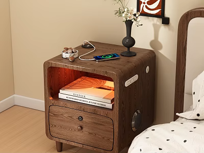 Modern Wooden Bedside Table with Drawer Books Vase Mobile Phone Headphones and Small Items 3d model