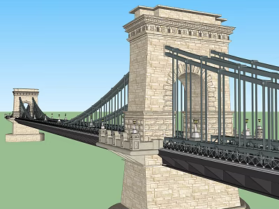 Classic Suspension Bridge With Decorative Stone Towers Steel Cables Blue Sky Green Landscape 3d model