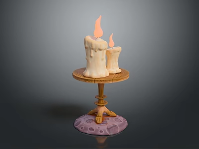 Burning Candles With Flames On Wooden Table And Purple Stone Base 3d model