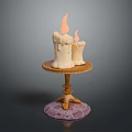 Burning Candles With Flames On Wooden Table And Purple Stone Base