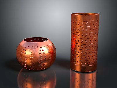 Copper Perforated Household Items Spherical And Cylindrical Containers With Geometric Patterns 3d model
