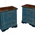 Two Blue Vintage Chests of Drawers with Golden Handles and Brown Tops