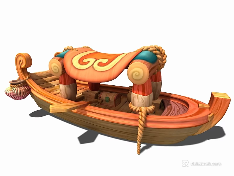 Cartoon Style Wooden Boat With Vibrant Colors Decorative Canopy Curled Pillars And Rope Details 3d model 