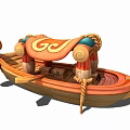 Cartoon Style Wooden Boat With Vibrant Colors Decorative Canopy Curled Pillars And Rope Details