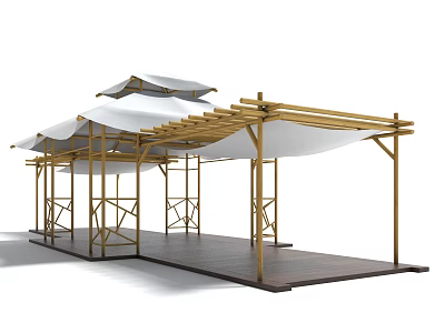 Modern Landscape Pavilion with Golden Frame White Canopy and Wooden Platform 3d model